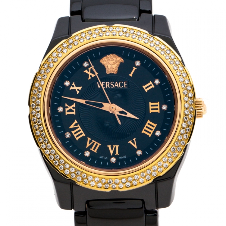 Pre Owned Versace Black Ceramic Rose Gold Stainless Steel Diamonds DV One Glamour 63Q Men's Wristwatch 34 mm