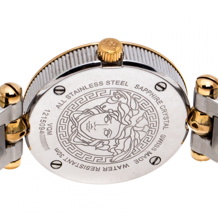 Pre Owned Versace Quilted Silver Two-Tone Stainless Steel Micro Vanitas VQM Women's Wristwatch 30 mm