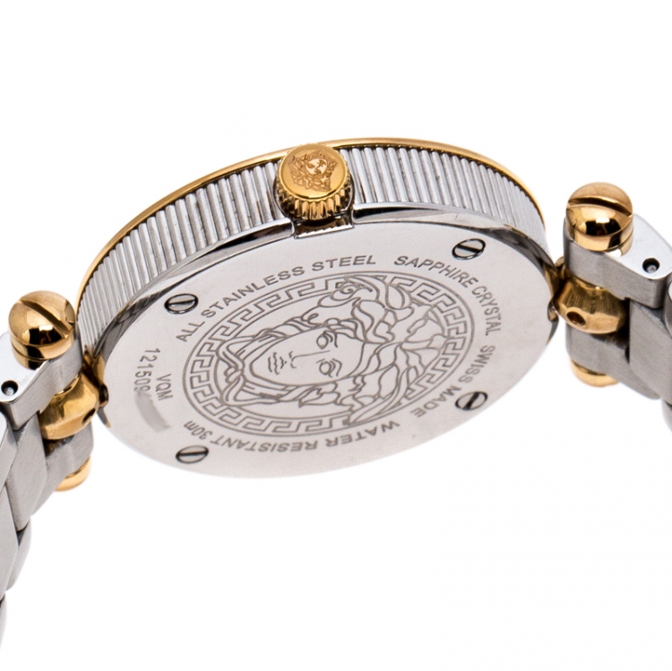 Pre Owned Versace Quilted Silver Two-Tone Stainless Steel Micro Vanitas VQM Women's Wristwatch 30 mm