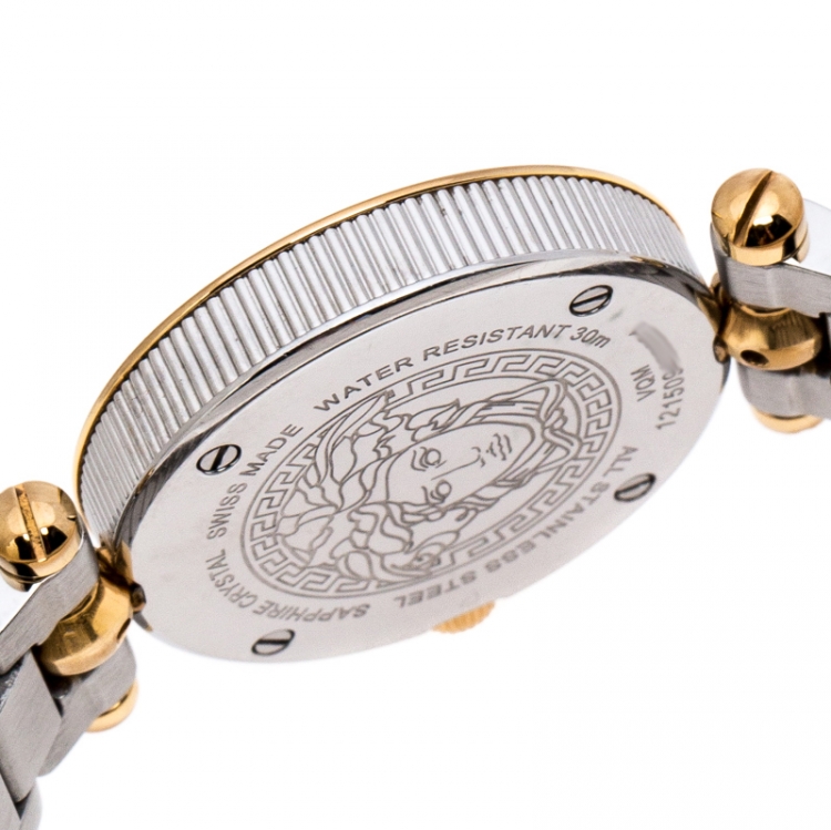Pre Owned Versace Quilted Silver Two-Tone Stainless Steel Micro Vanitas VQM Women's Wristwatch 30 mm