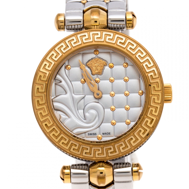 Pre Owned Versace Quilted Silver Two-Tone Stainless Steel Micro Vanitas VQM Women's Wristwatch 30 mm