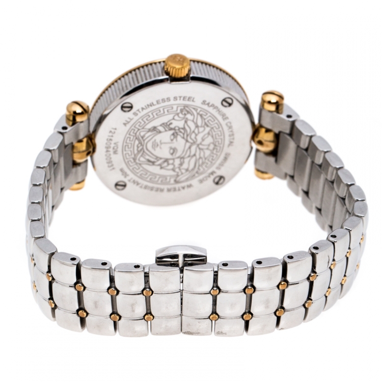 Pre Owned Versace Quilted Silver Two-Tone Stainless Steel Micro Vanitas VQM Women's Wristwatch 30 mm