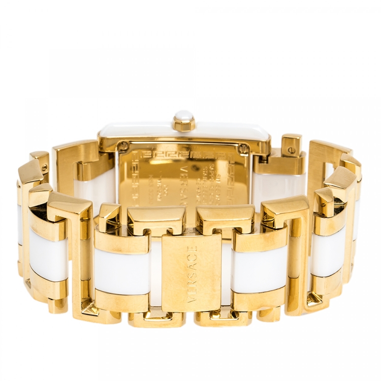 Pre Owned Versace White Ceramic Gold Stainless Steel Era 70Q Women's Wristwatch 24 mm