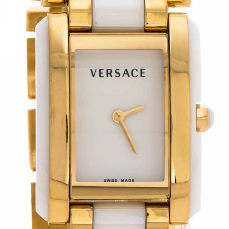 Pre Owned Versace White Ceramic Gold Stainless Steel Era 70Q Women's Wristwatch 24 mm