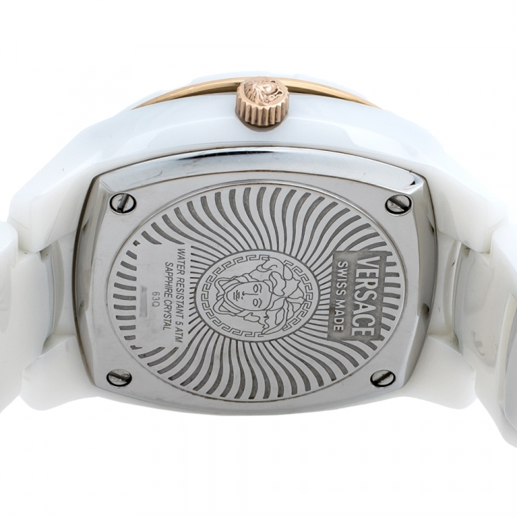 Pre Owned Versace White Mother of Pearl White Ceramic Rose Gold Plated Stainless Steel DV One 63Q Women's Wristwatch 35 mm