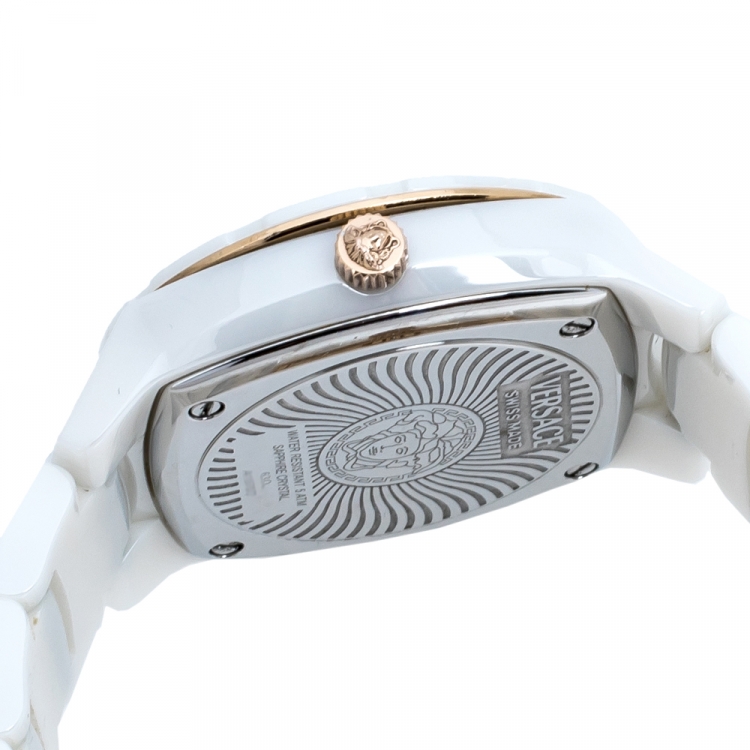 Pre Owned Versace White Mother of Pearl White Ceramic Rose Gold Plated Stainless Steel DV One 63Q Women's Wristwatch 35 mm