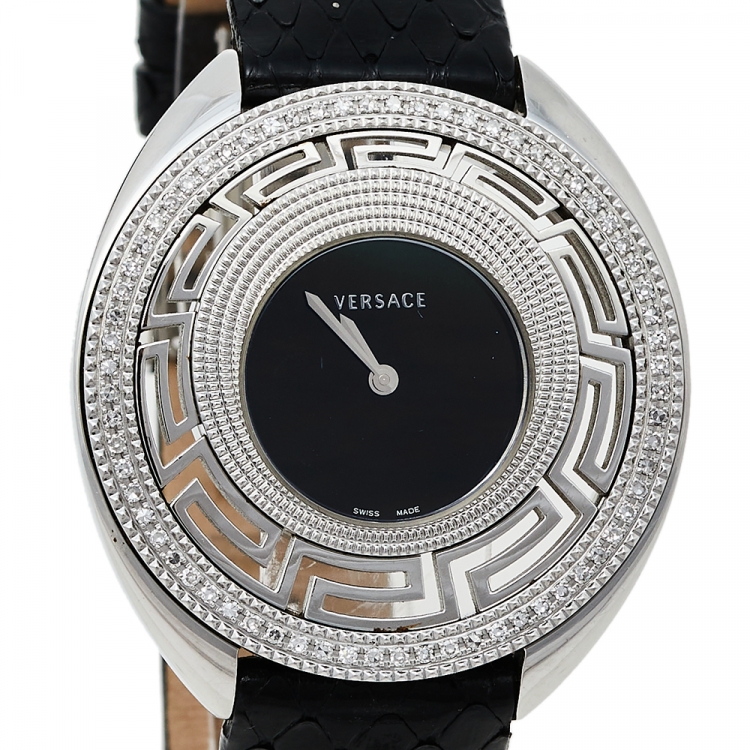 Pre Owned Versace Black Stainless Steel Python Leather Diamonds Destiny 67Q Women's Wristwatch 39 mm