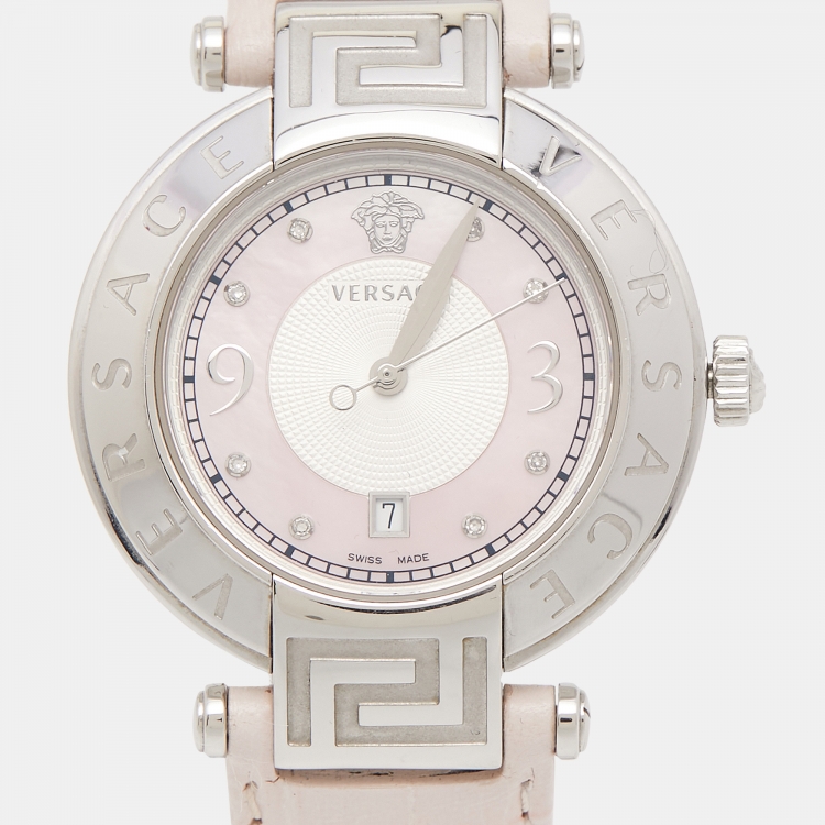Pre Owned Versace Pink Mother of Pearl Stainless Steel Leather Reve 68Q Women's Wristwatch 35 mm