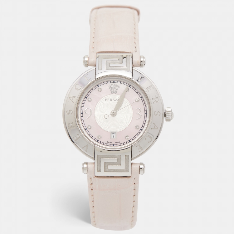 Pre Owned Versace Pink Mother of Pearl Stainless Steel Leather Reve 68Q Women's Wristwatch 35 mm