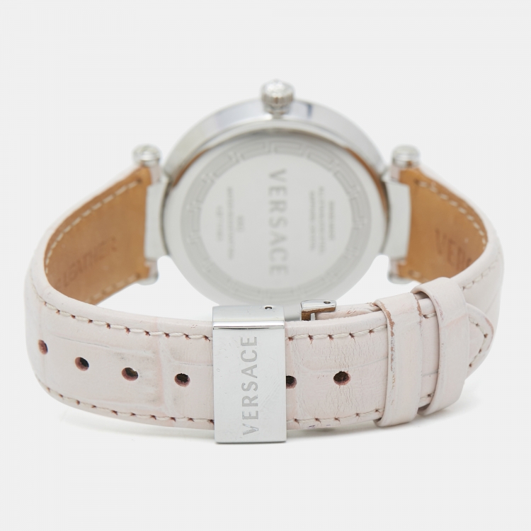 Pre Owned Versace Pink Mother of Pearl Stainless Steel Leather Reve 68Q Women's Wristwatch 35 mm