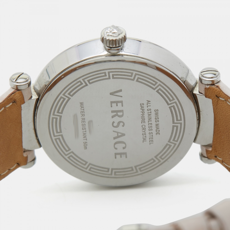 Pre Owned Versace Pink Mother of Pearl Stainless Steel Leather Reve 68Q Women's Wristwatch 35 mm