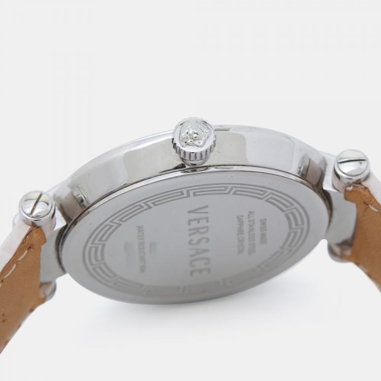 Pre Owned Versace Pink Mother of Pearl Stainless Steel Leather Reve 68Q Women's Wristwatch 35 mm