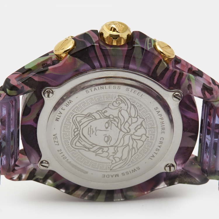 Pre Owned Versace Purple Icon Chrono Active VE27 Lilac Leopard Print Unisex Wristwatch 44MM