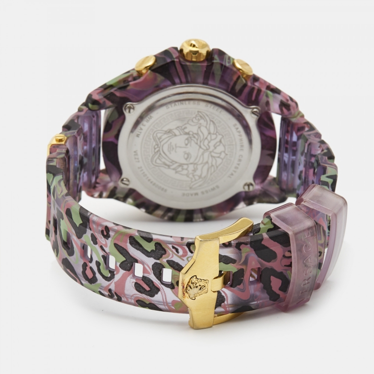 Pre Owned Versace Purple Icon Chrono Active VE27 Lilac Leopard Print Unisex Wristwatch 44MM