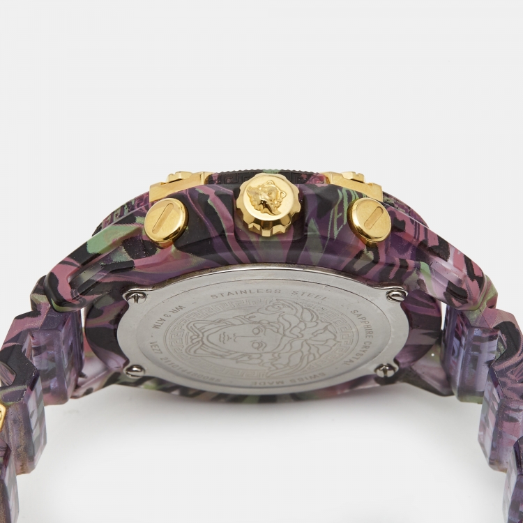 Pre Owned Versace Purple Icon Chrono Active VE27 Lilac Leopard Print Unisex Wristwatch 44MM