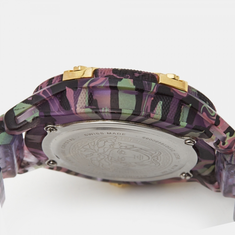 Pre Owned Versace Purple Icon Chrono Active VE27 Lilac Leopard Print Unisex Wristwatch 44MM