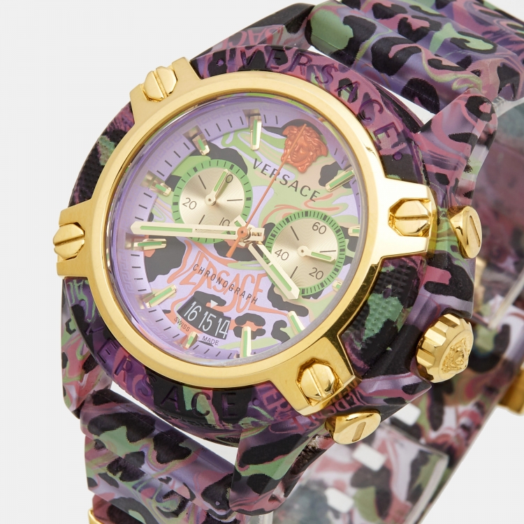 Pre Owned Versace Purple Icon Chrono Active VE27 Lilac Leopard Print Unisex Wristwatch 44MM