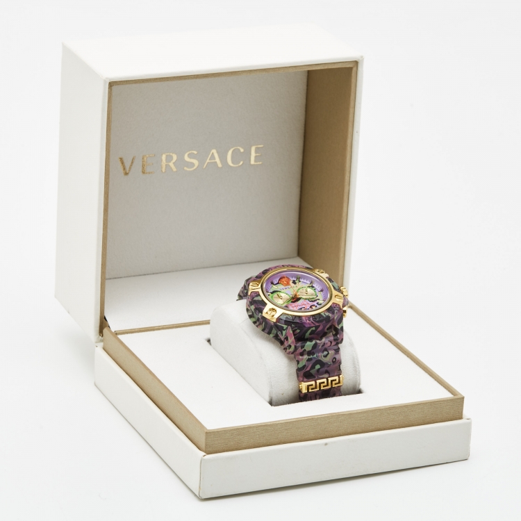Pre Owned Versace Purple Icon Chrono Active VE27 Lilac Leopard Print Unisex Wristwatch 44MM