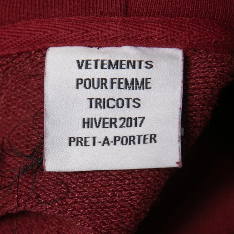 Pre Owned Vetements Bordeaux Slogan Print Cotton Cropped Hoodie M
