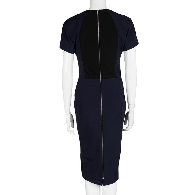 Pre Owned Victoria Beckham Navy Blue Knit Colorblock V Neck Pencil Dress M