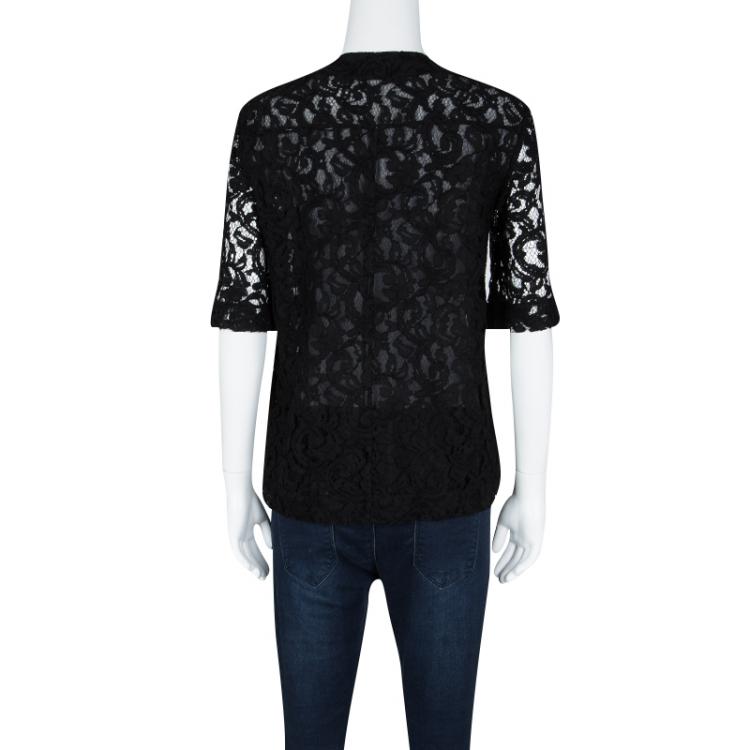Pre Owned Victoria Beckham Black Lace Pocket Detail Sheer Short Sleeve Blouse XS
