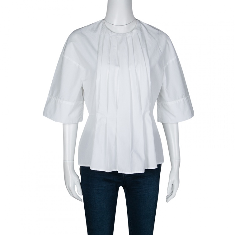 Pre Owned  Victoria Beckham White Cotton Pleat Detail Peplum Top M