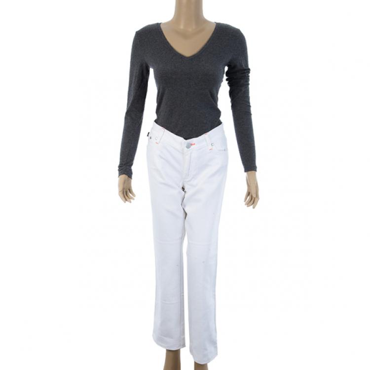 Pre Owned Victoria Beckham Orange Stitch White Jeans M