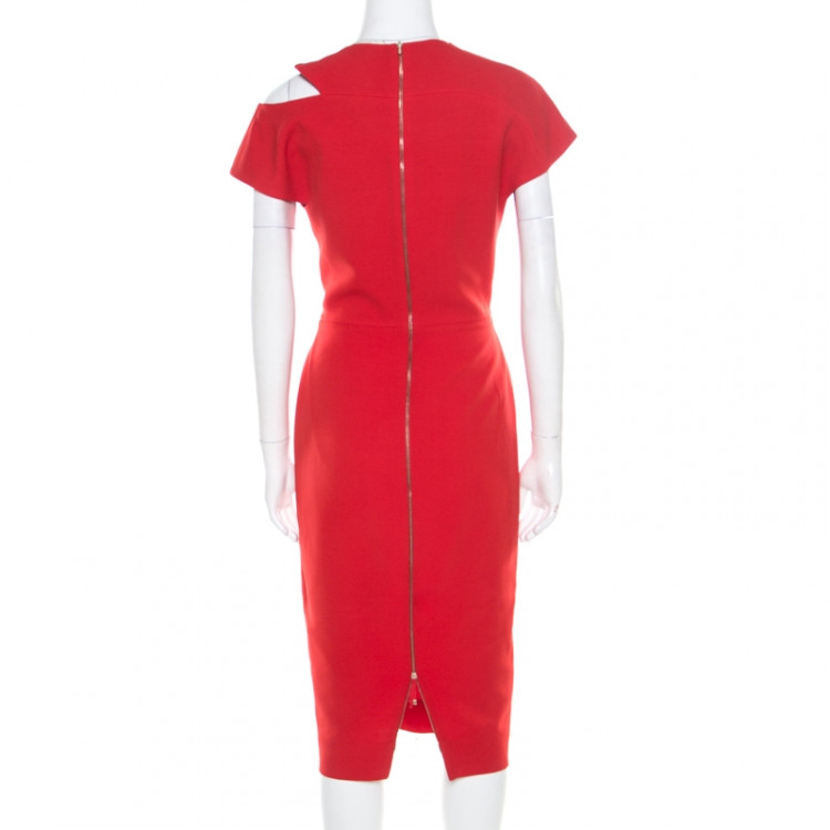 Pre Owned Victoria Beckham Red Wool and Silk Cutout Shoulder Detail Sleeveless Dress M