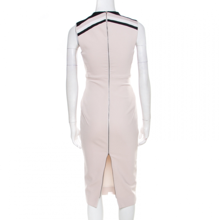 Pre Owned Victoria Beckham Blush Pink Striped Shoulder V-Neck Sleeveless Pencil Dress M