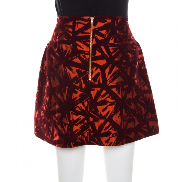 Pre Owned Victoria Beckham Orange and Burgundy Velvet Burnout Mini Skirt M