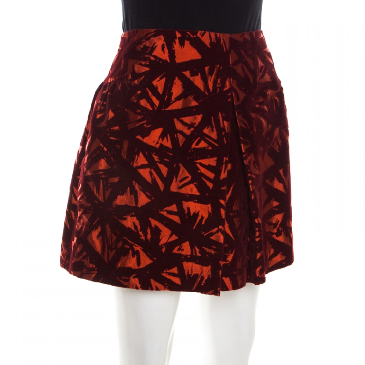 Pre Owned Victoria Beckham Orange and Burgundy Velvet Burnout Mini Skirt M