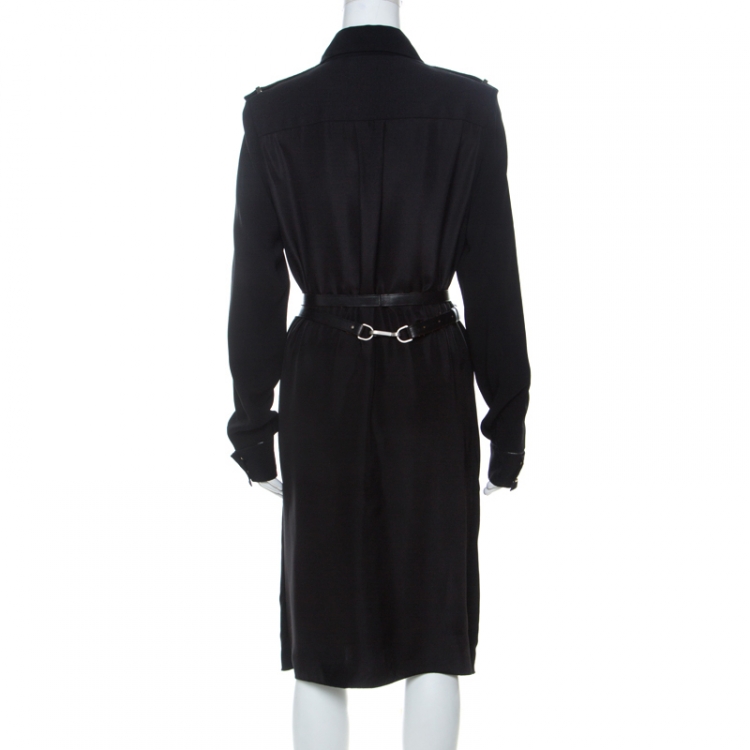 Pre Owned Victoria Beckham Black Crepe Knit Epaulette Detail Belted Shirt Dress L