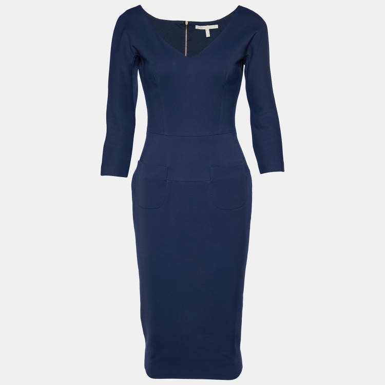 مملوكة مسبقًا Victoria Beckham Navy Blue Stretch Crepe V Neck Pencil Dress M