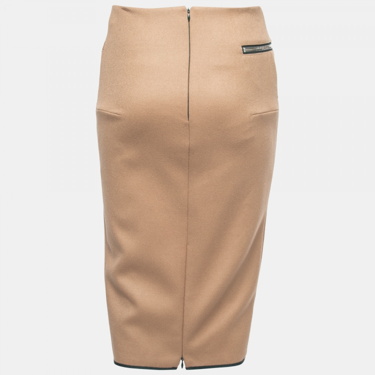 Pre Owned Victoria Beckham Tan Brown Wool Zipper Detail Pencil Midi Skirt M