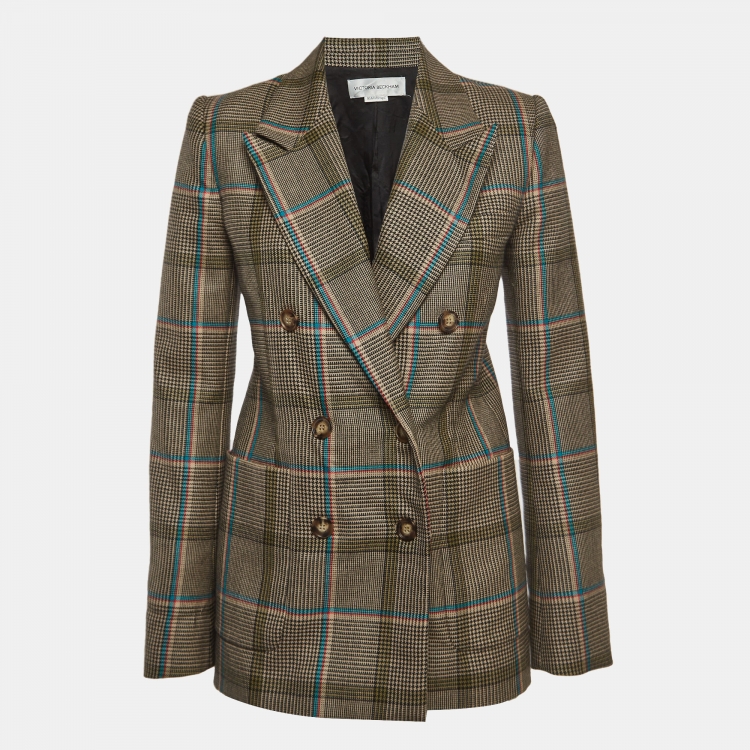 Pre Owned Victoria Beckham Beige Checked Wool Double-Breasted Blazer S