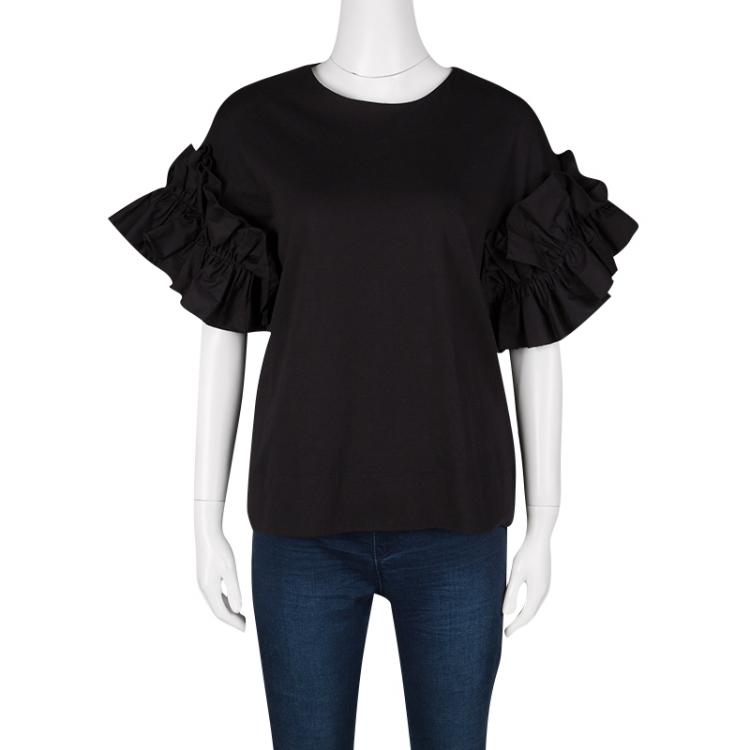Pre Owned Victoria Victoria Beckham Black Cotton Ruffled Sleeve Top XS