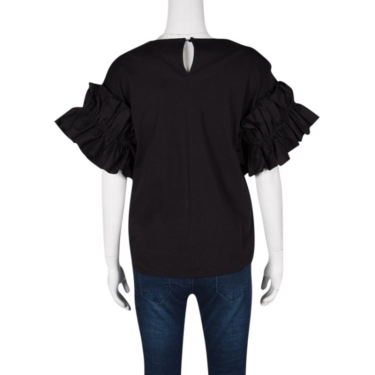 Pre Owned Victoria Victoria Beckham Black Cotton Ruffled Sleeve Top XS