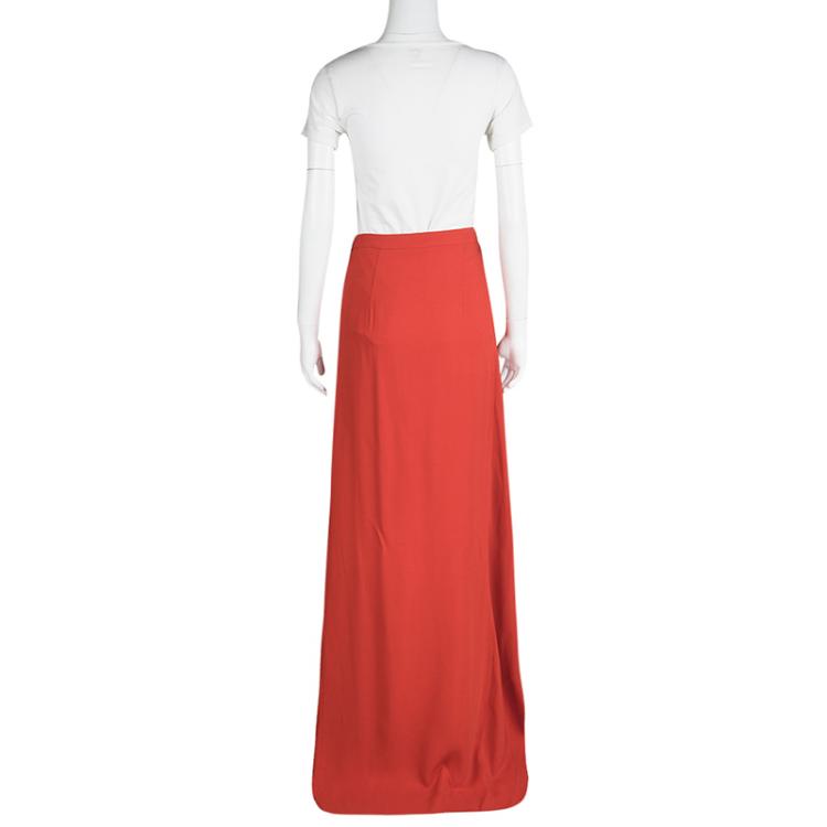 Pre Owned Vionnet Coral Red Layered Maxi Skirt M