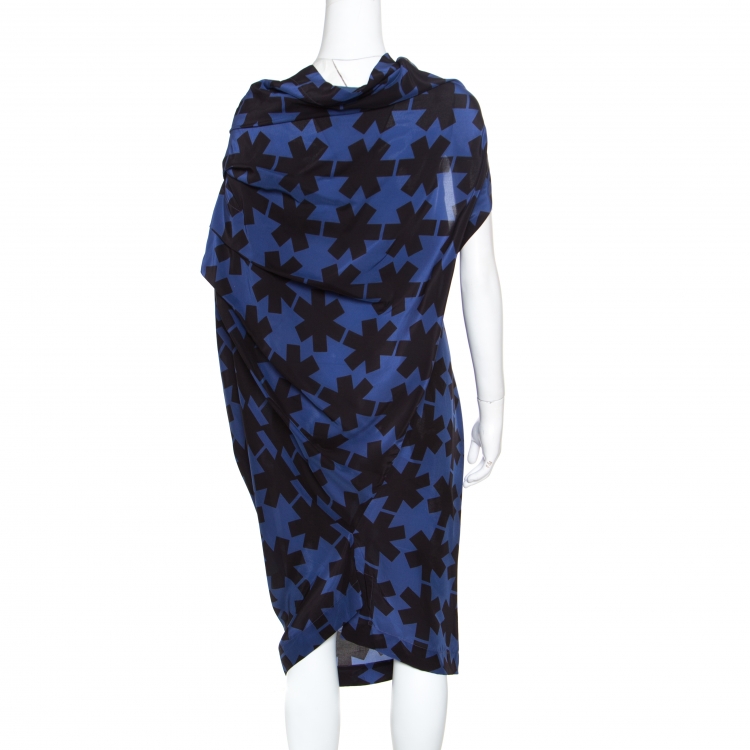 Pre Owned Vivienne Westwood Anglomania Blue and Black Printed Draped Asymmetric Dress M