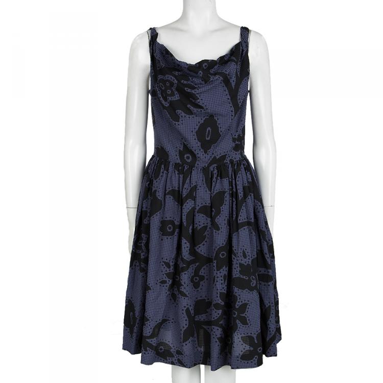 Pre Owned Vivienne Westwood Anglomania Navy Blue Checkered Floral Printed Sleeveless Dress M
