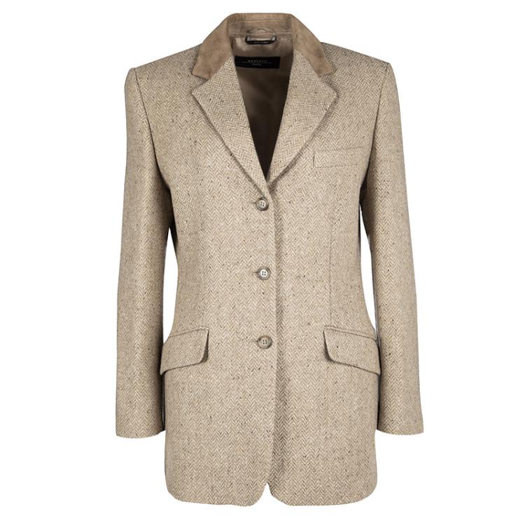 Pre Owned Weekend Max Mara Beige Wool Chevron Pattern Suit M