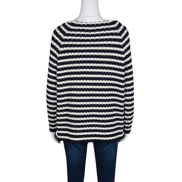 Pre Owned Weekend Max Mara Navy Blue and White Striped Chunky Knit Sweater M