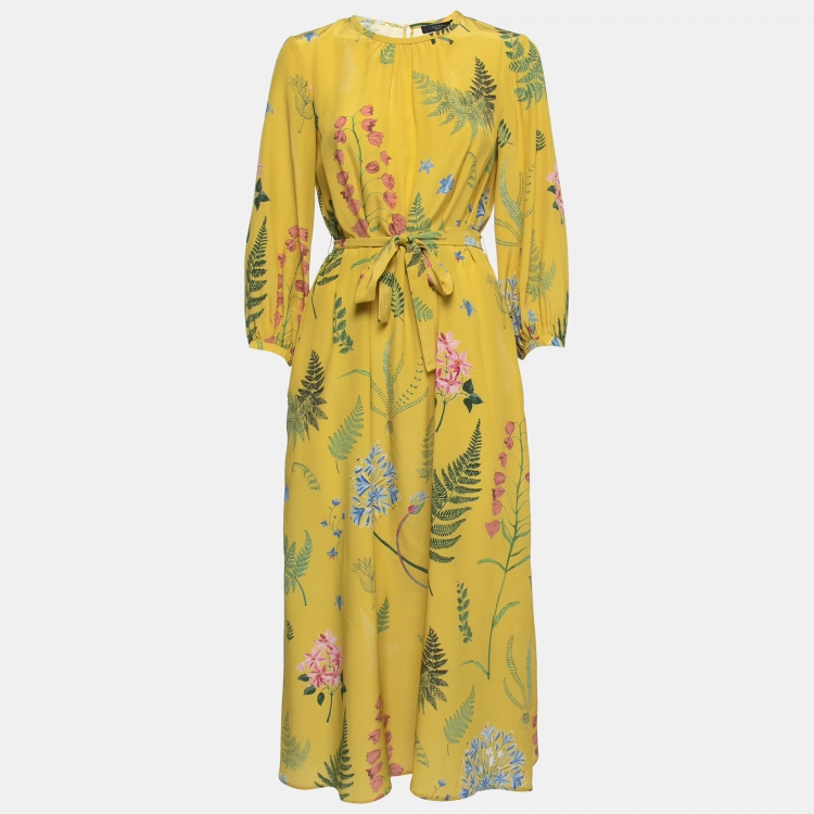 Pre Owned Weekend Max Mara Yellow Medusa Printed Silk Crepe Belted Midi Dress M
