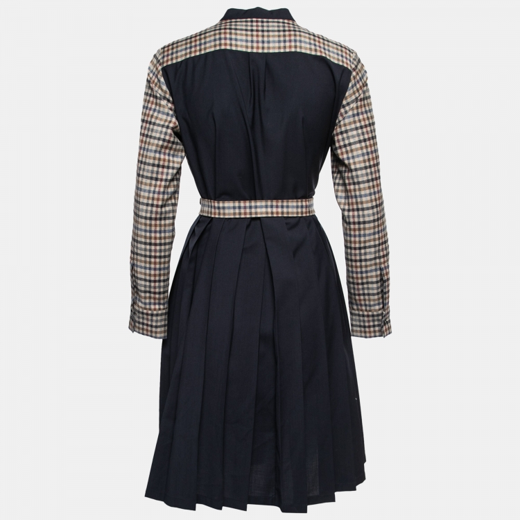 Pre Owned Weekend Max Mara Navy Blue & Checked Paneled Wool Belted Dress M