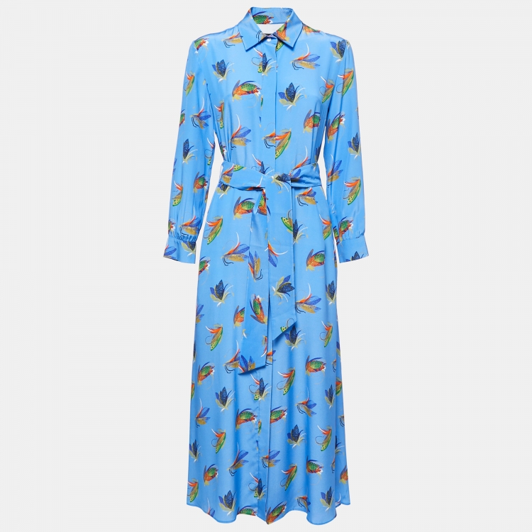 Pre Owned Weekend Max Mara Blue Feather Printed Silk Belted Maxi Dress M