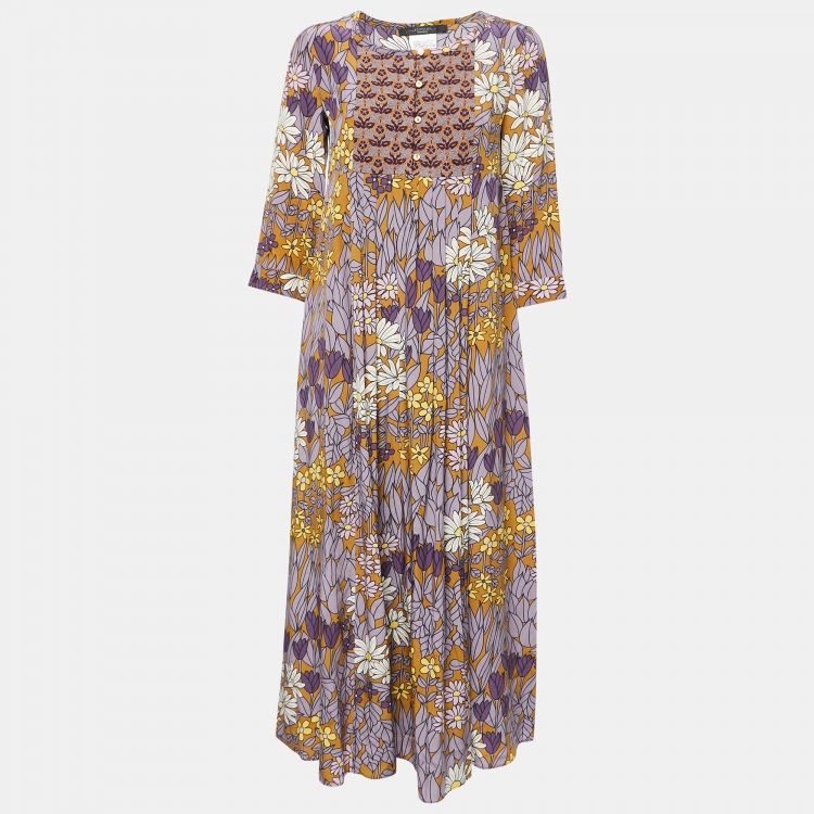 Weekend Max Mara Purple Floral Print Silk Embroidered Long Dress S ...