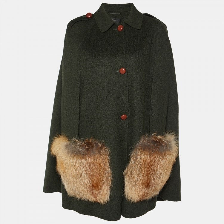 Pre Owned Weekend Max Mara Green Wool & Fur Trimmed Cape Coat M