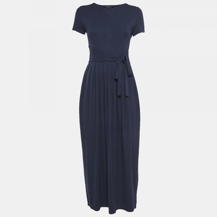 Pre Owned Weekend Max Mara Navy Blue Knit Waist Tie Detail Pleated Maxi Dress XS