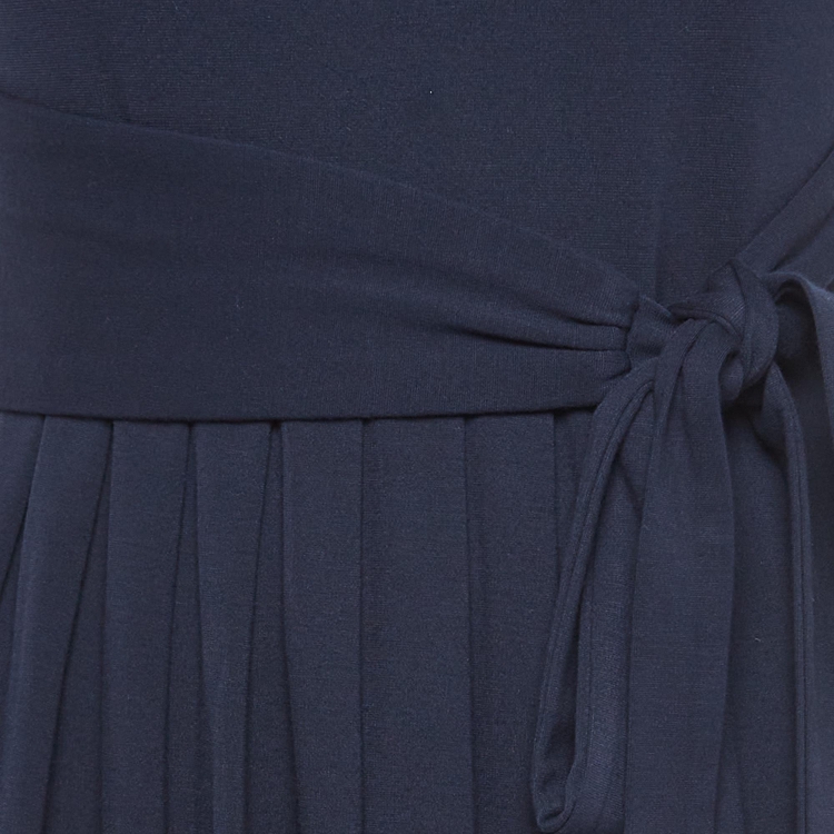 Pre Owned Weekend Max Mara Navy Blue Knit Waist Tie Detail Pleated Maxi Dress XS