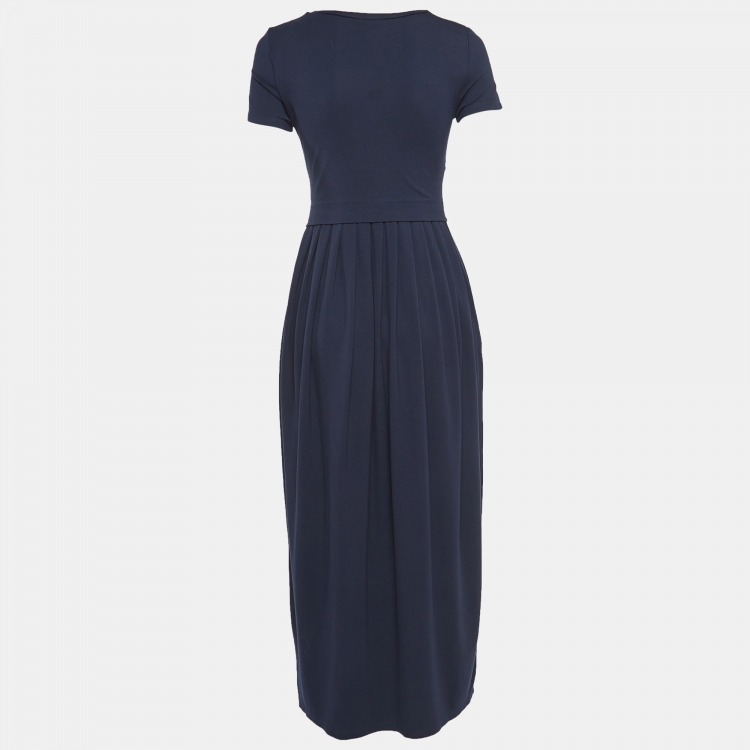 Pre Owned Weekend Max Mara Navy Blue Knit Waist Tie Detail Pleated Maxi Dress XS